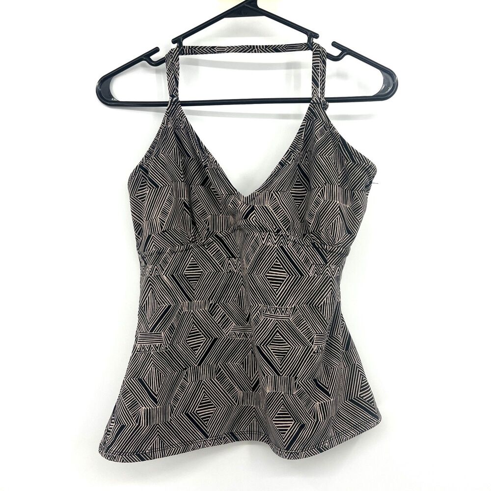 Garnet Hill Tankini Swim Top Size 10 Black Tan Geometric Print V-Neck Padded